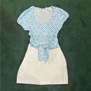 Blue and White Puff Sleeve Crop Blouse with front tie detail